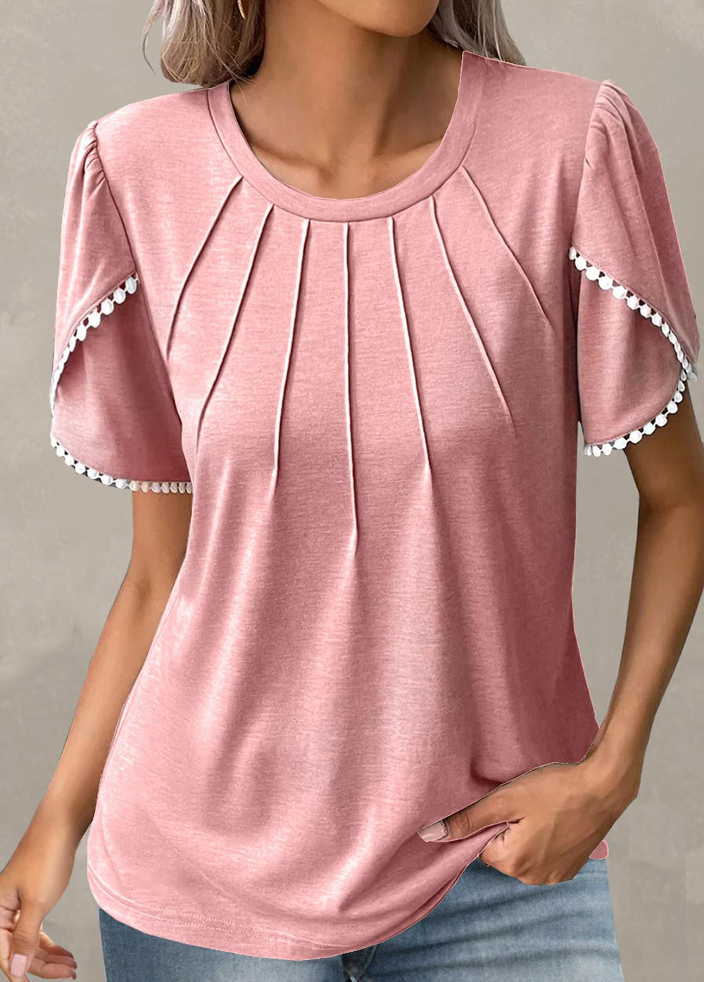 Women's Puff Sleeve Top with Pearl Trim Detail-8