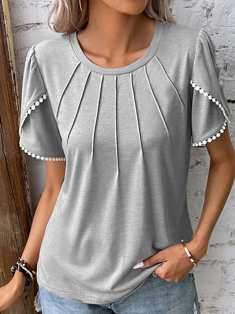 Women's Puff Sleeve Top with Pearl Trim Detail-4