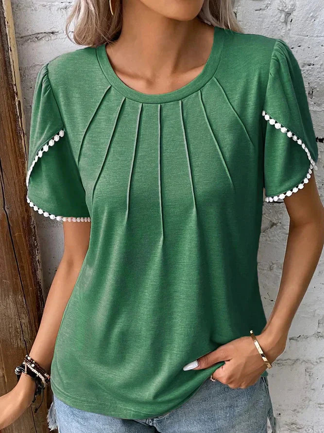 Women's Puff Sleeve Top with Pearl Trim Detail-6
