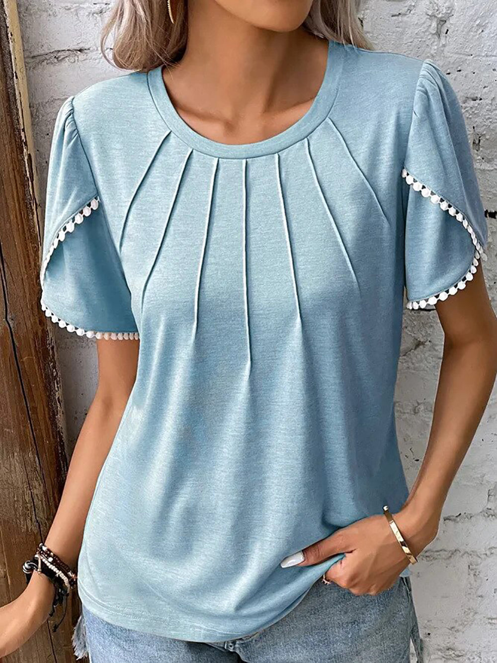 Women's Puff Sleeve Top with Pearl Trim Detail-5