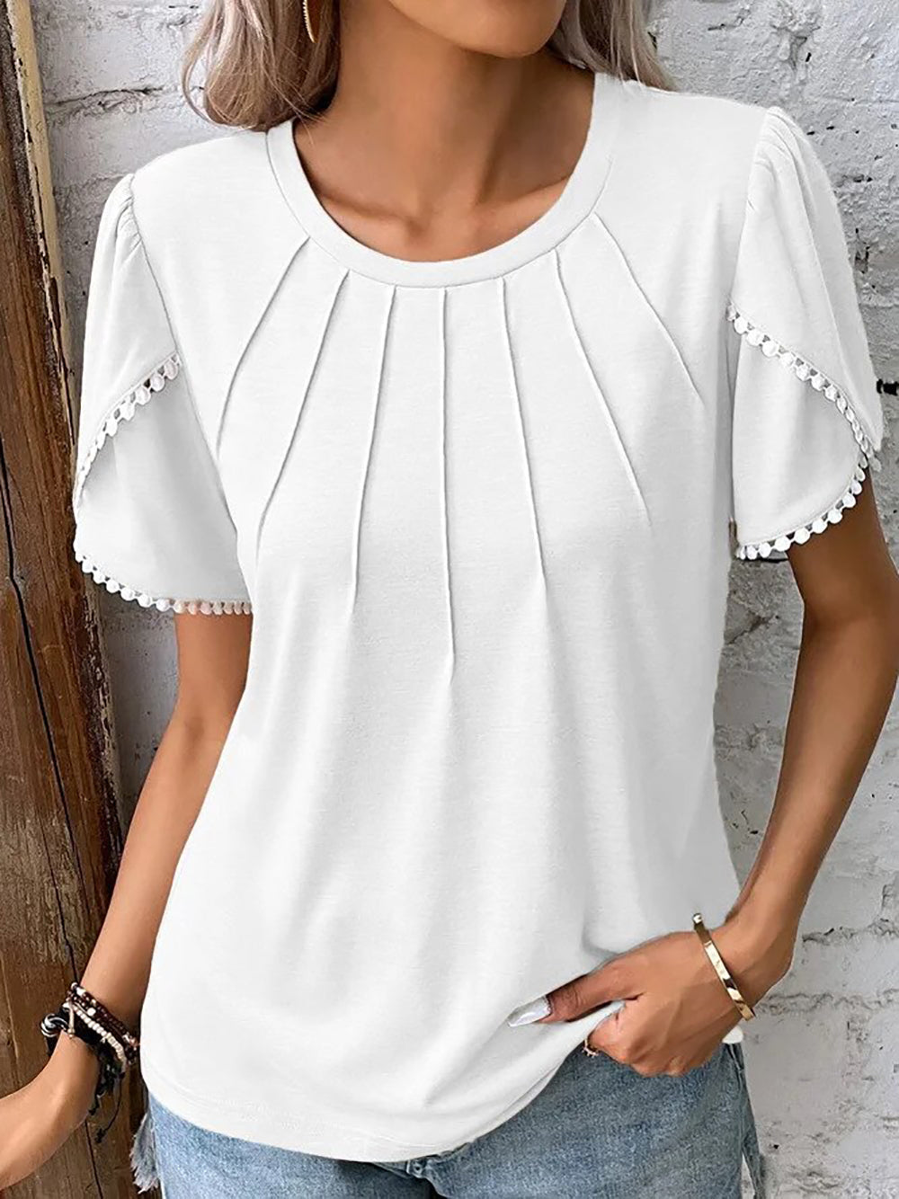 Women's Puff Sleeve Top with Pearl Trim Detail-7