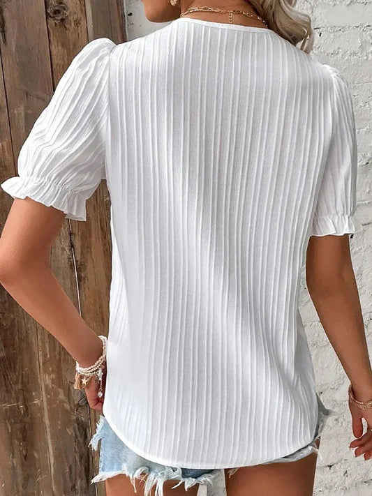 Women's Puff Sleeve V-Neck Blouse with Lace Trim-2