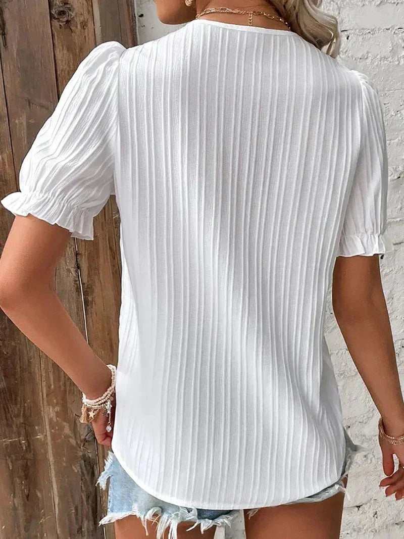 Women's Puff Sleeve V-Neck Blouse with Lace Trim-2