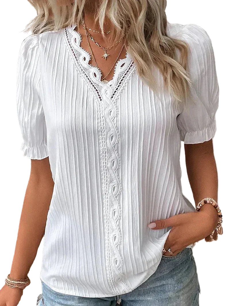 Women's Puff Sleeve V-Neck Blouse with Lace Trim-1