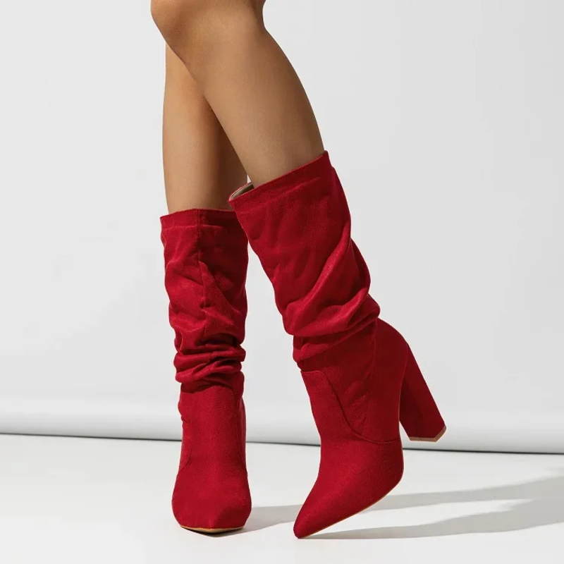 Women's Ruched Block Heel Mid-Calf Boot-5