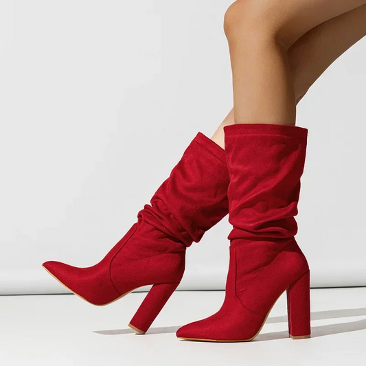 Women's Ruched Block Heel Mid-Calf Boot-1
