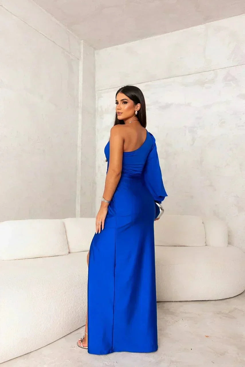 Women's One-Shoulder Satin Maxi Dress with Thigh Slit