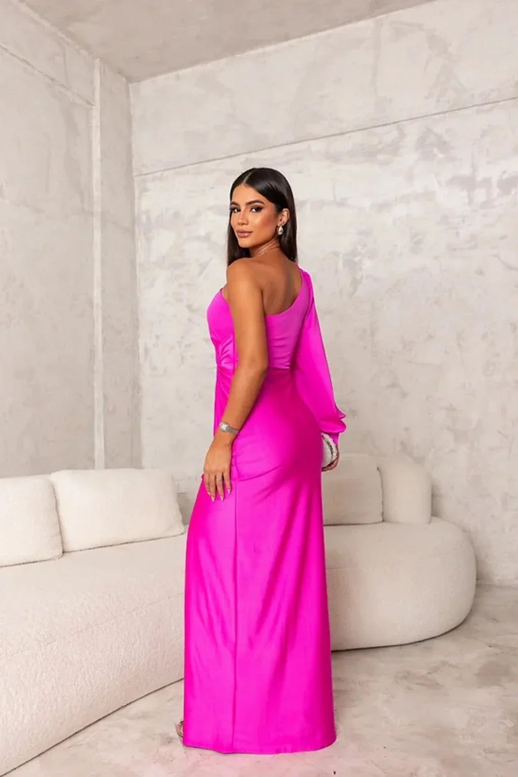 Women's One-Shoulder Satin Maxi Dress with Thigh Slit
