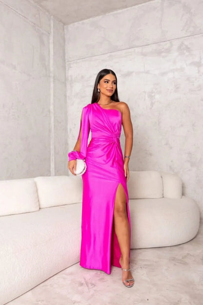 Women's One-Shoulder Satin Maxi Dress with Thigh Slit