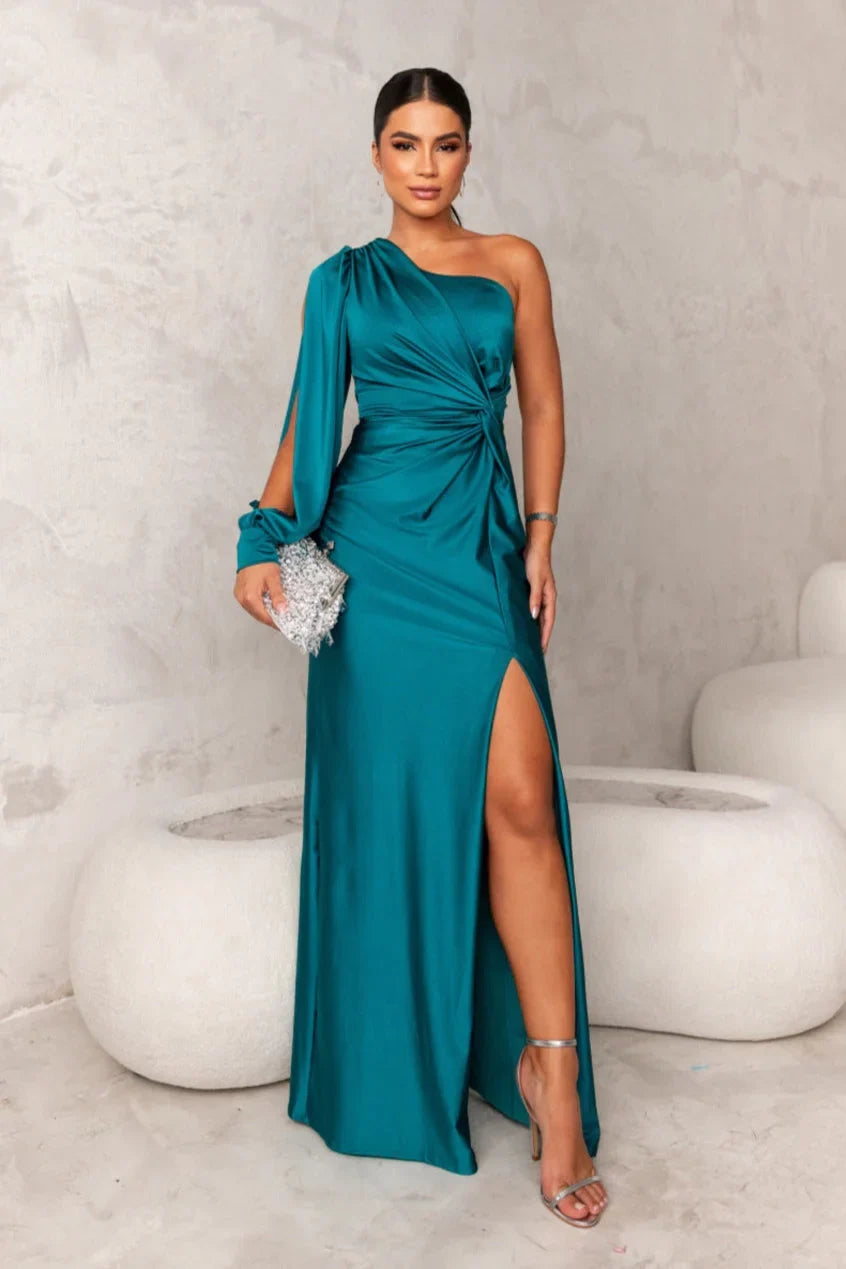 Women's One-Shoulder Satin Maxi Dress with Thigh Slit