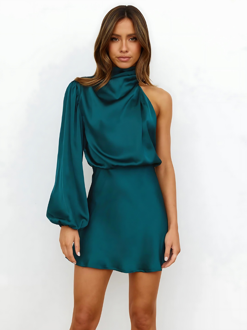 Women's Satin One-Shoulder Mini Evening Dress - Blue