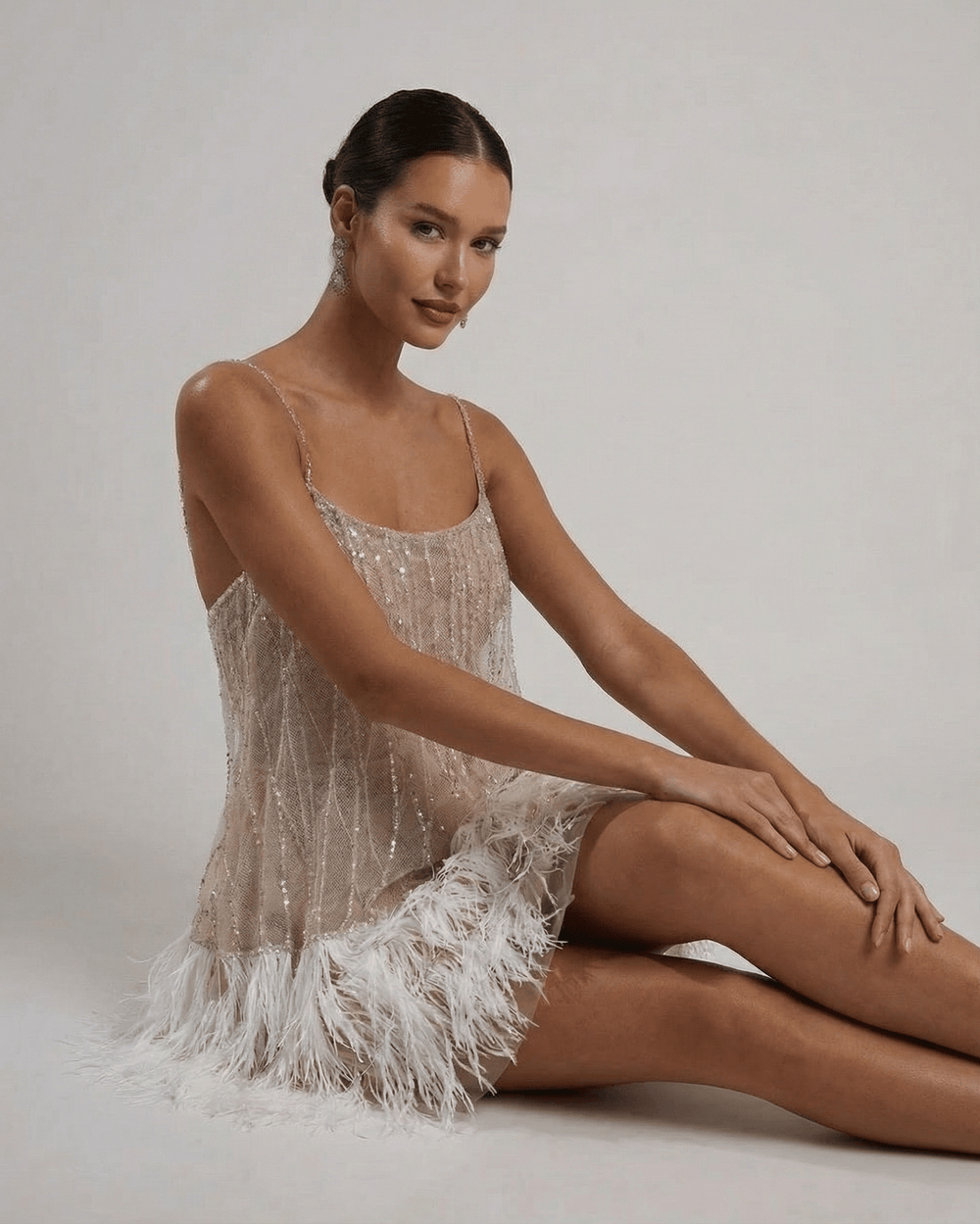 Women's Sequin Feather Hem Cocktail Mini Dress-7