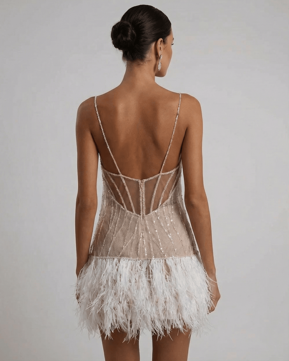 Women's Sequin Feather Hem Cocktail Mini Dress-2