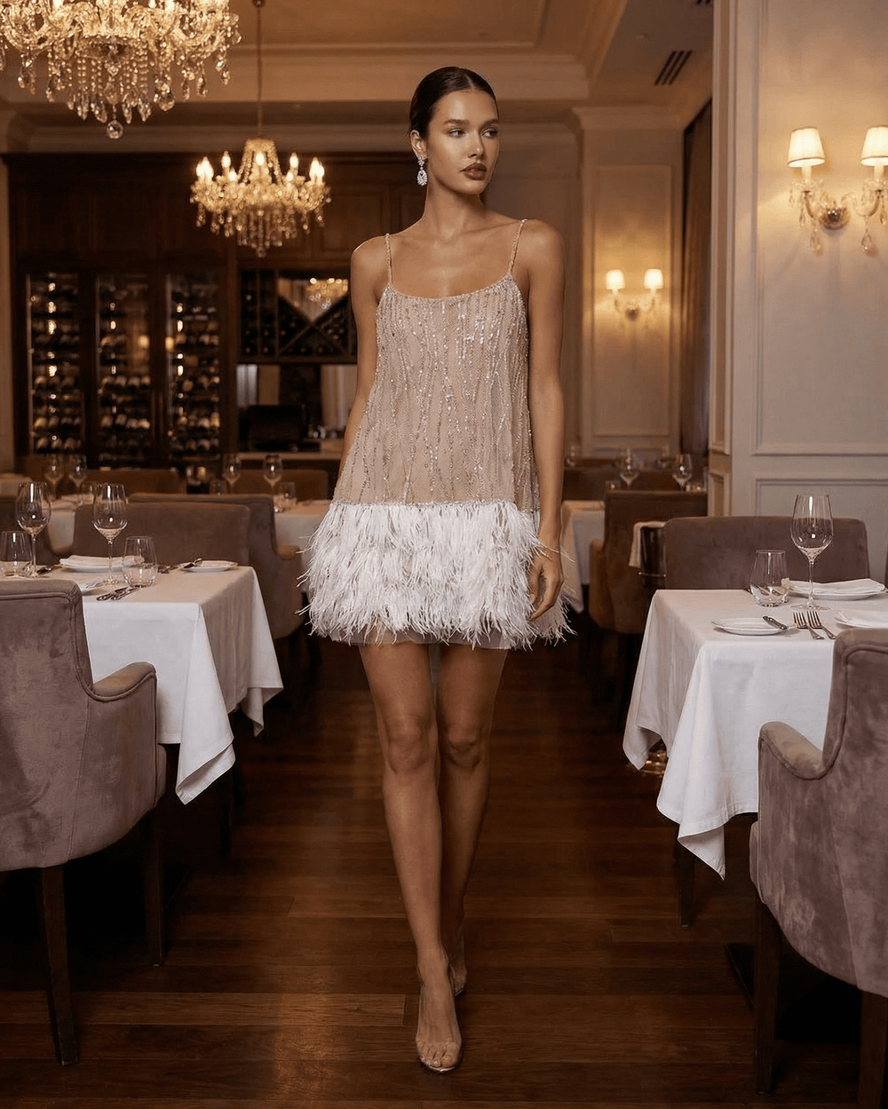 Women's Sequin Feather Hem Cocktail Mini Dress-8