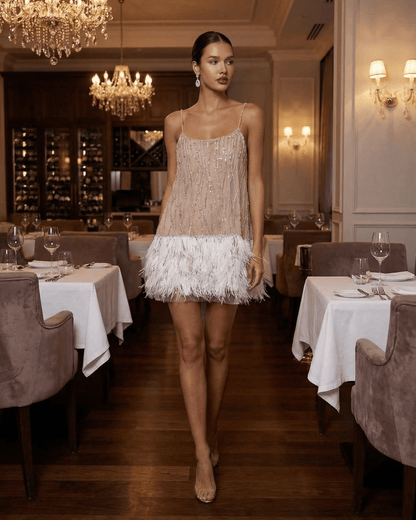 Women's Sequin Feather Hem Cocktail Mini Dress-8
