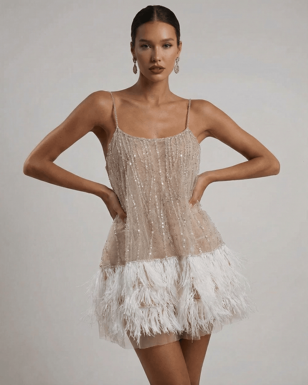 Women's Sequin Feather Hem Cocktail Mini Dress-1