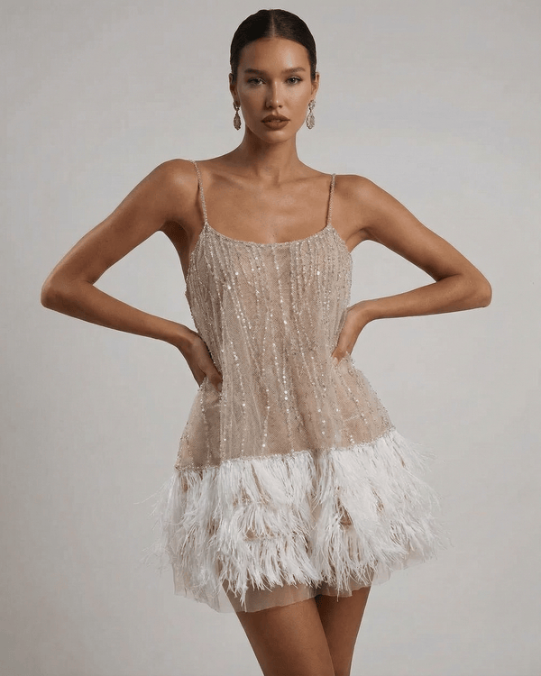 Women's Sequin Feather Hem Cocktail Mini Dress-1