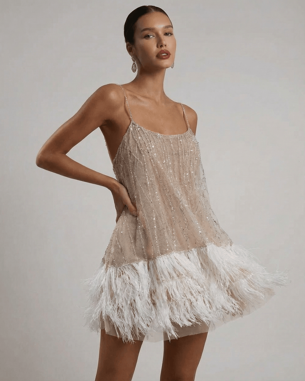 Women's Sequin Feather Hem Cocktail Mini Dress-4