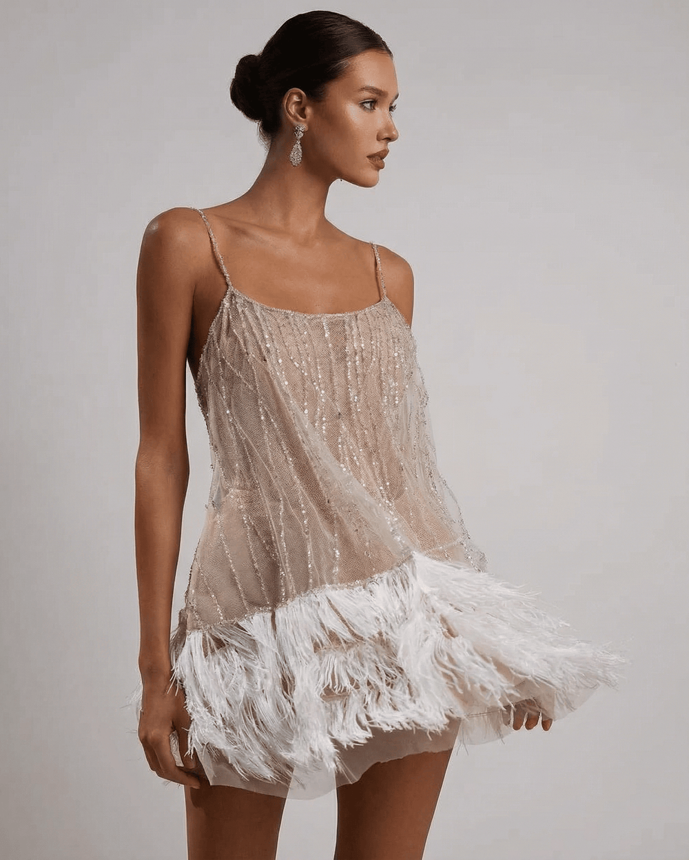 Women's Sequin Feather Hem Cocktail Mini Dress-3