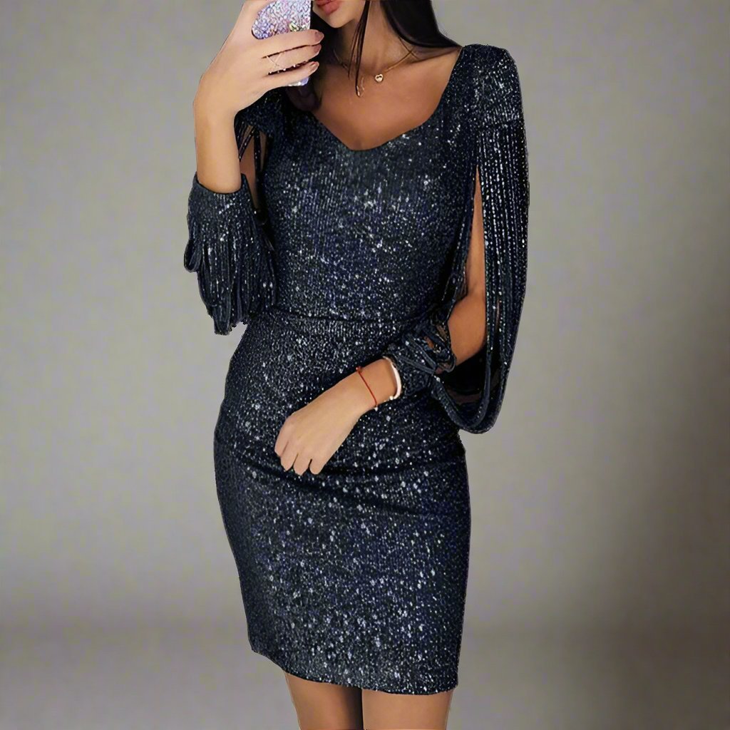 Women's Sequin Mini Dress with Fringe Sleeves - Black