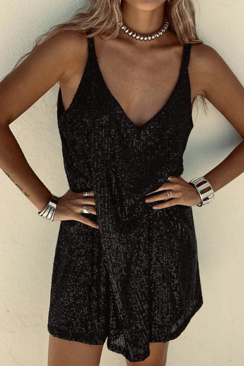 Women's Sequin Mini Dress with V-Back - Black