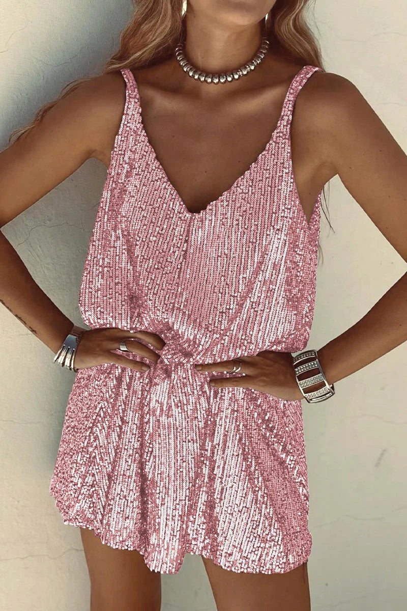 Women's Sequin Mini Dress with V-Back - Light Pink
