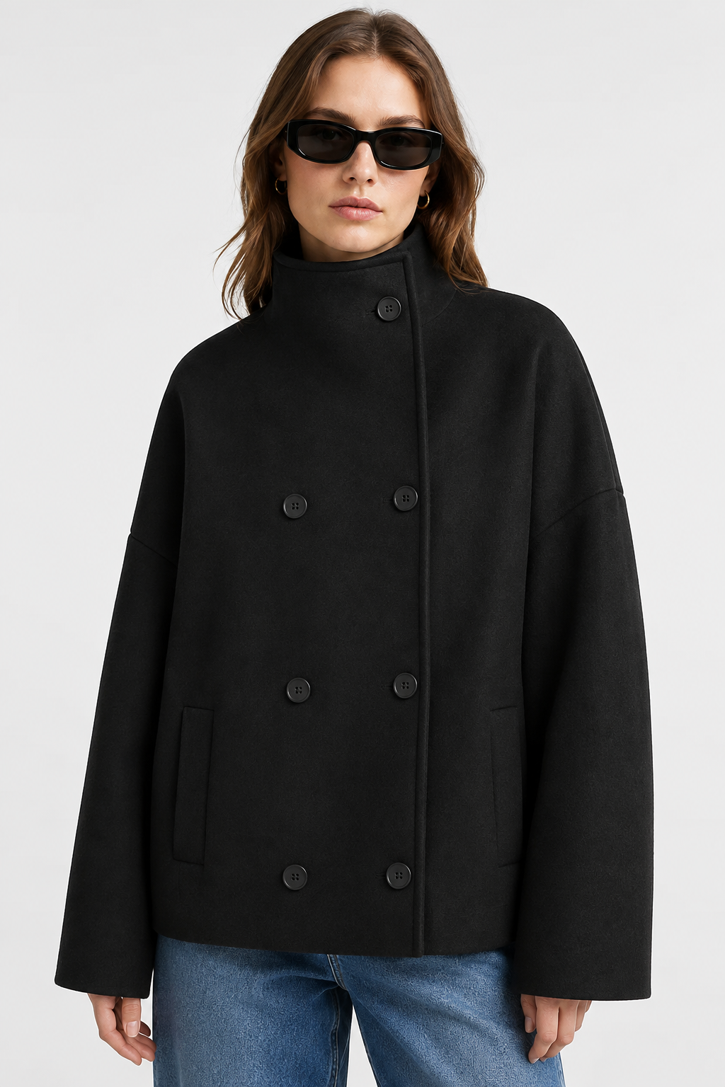 Women's Short Double-Breasted High-Neck Coat - Black