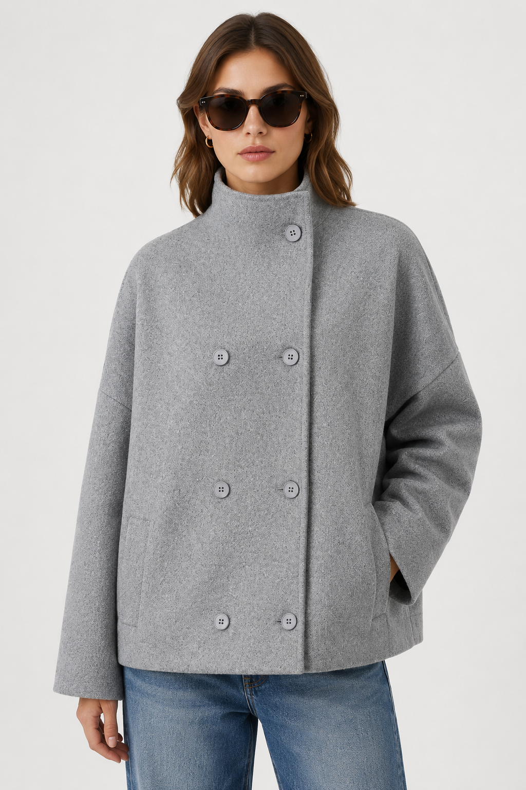 Women's Short Double-Breasted High-Neck Coat - Grey