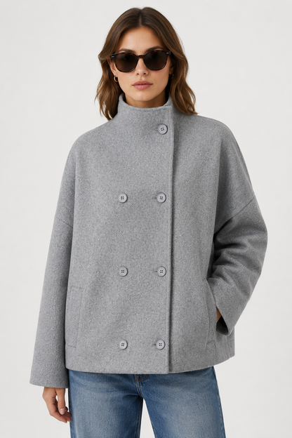 Women's Short Double-Breasted High-Neck Coat - Grey