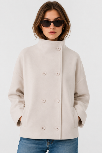 Women's Short Double-Breasted High-Neck Coat - Off White