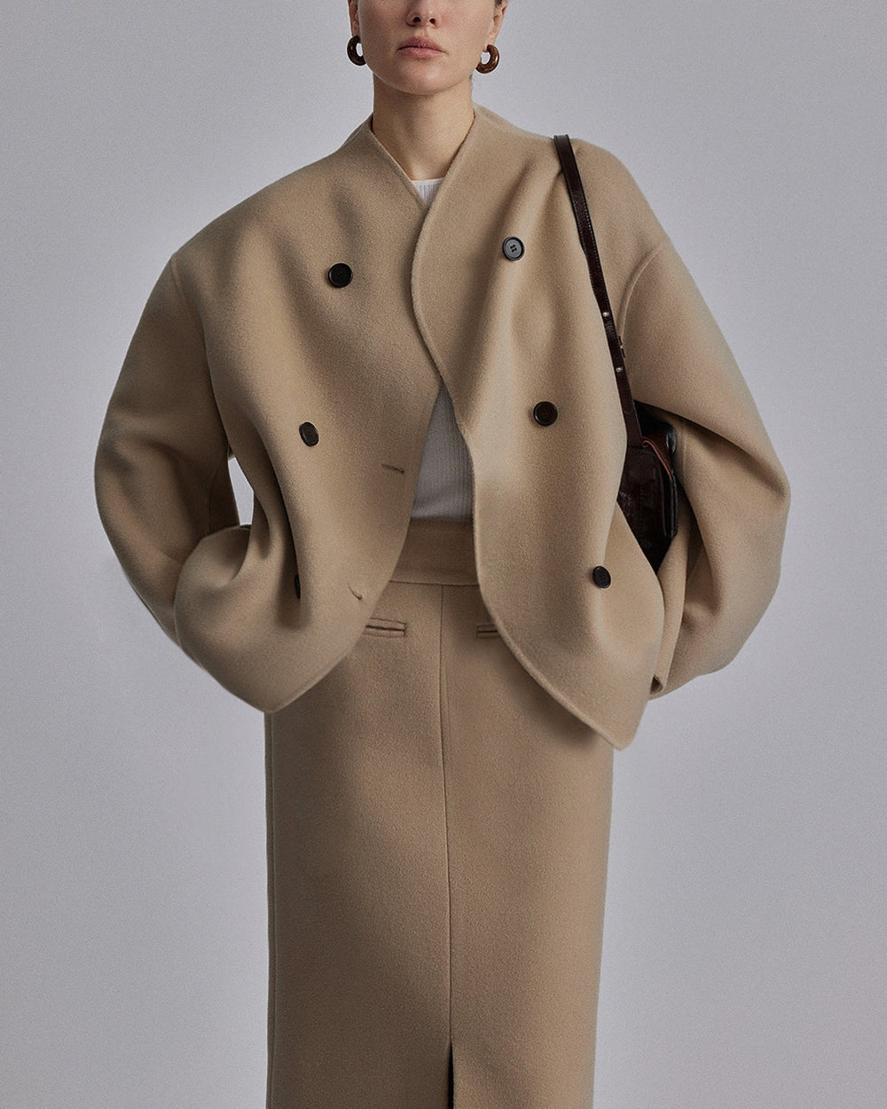 Women's Short Wool Blend Jacket With Stand Collar-9
