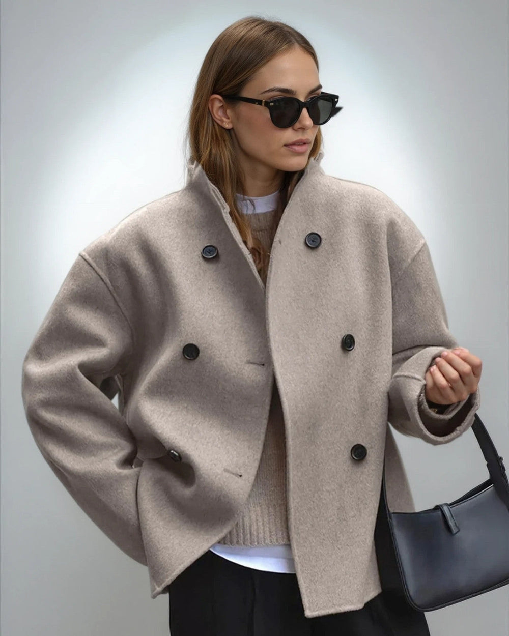 Women's Short Wool Blend Jacket With Stand Collar-1