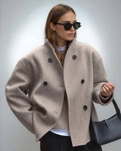 Women's Short Wool Blend Jacket With Stand Collar-1