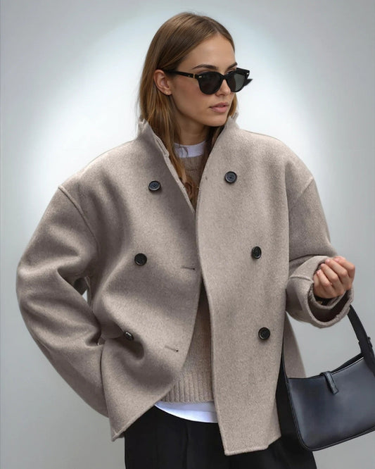 Women's Short Wool Blend Jacket With Stand Collar-1