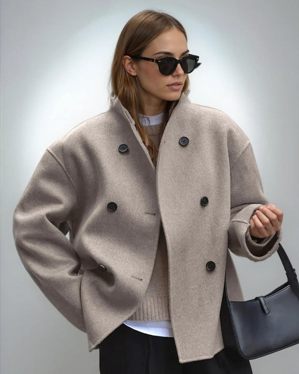 Women's Short Wool Blend Jacket With Stand Collar-1