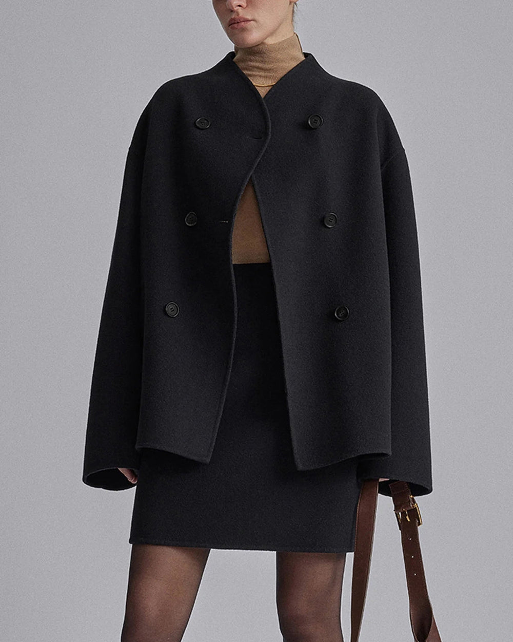 Women's Short Wool Blend Jacket With Stand Collar-8