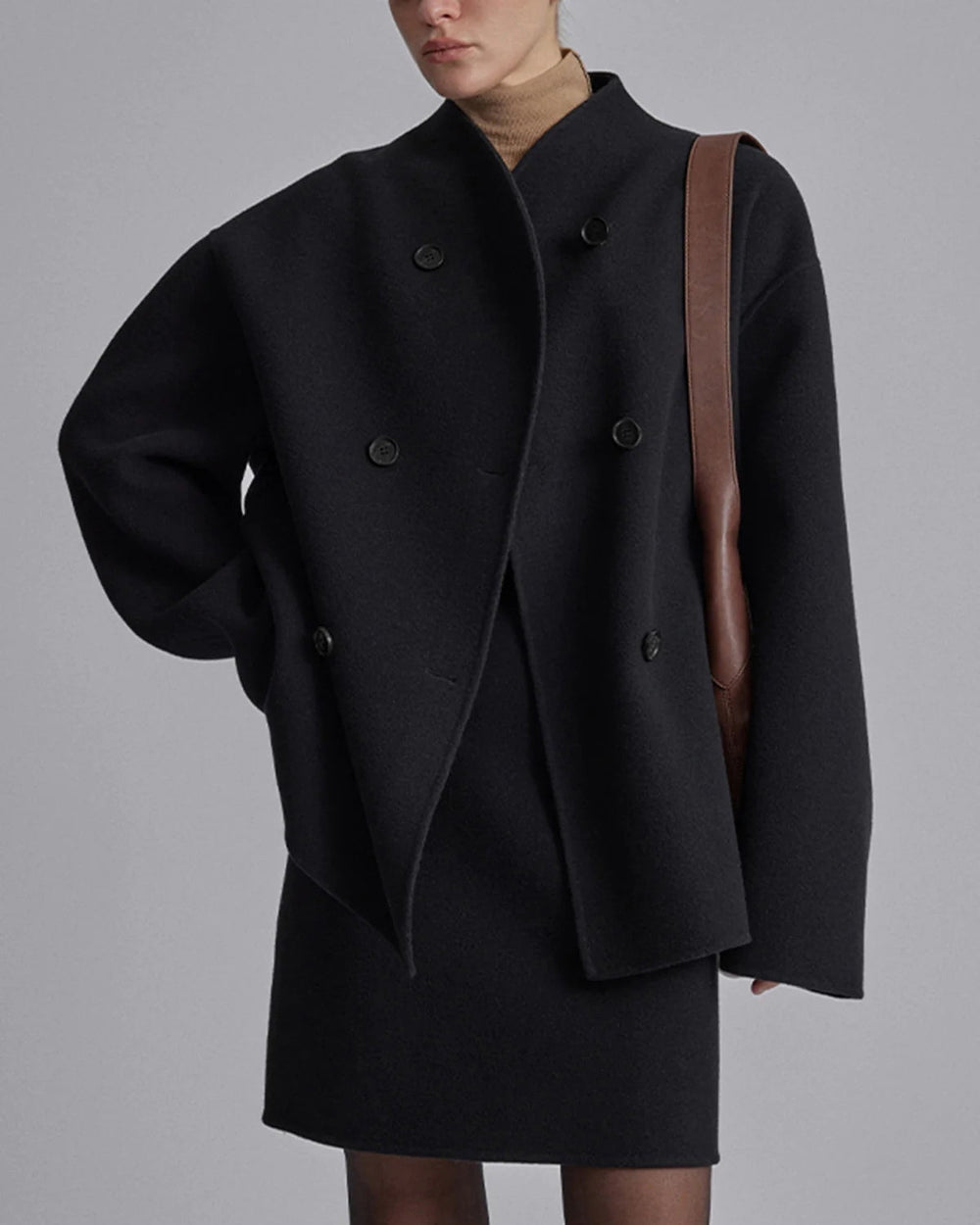 Women's Short Wool Blend Jacket With Stand Collar-4