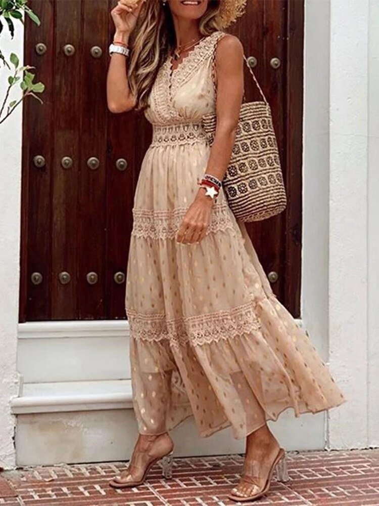 Women's Sleeveless Maxi Dress with Lace Trim Details-2