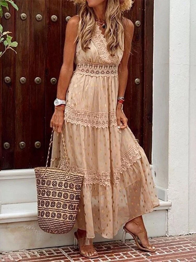 Women's Sleeveless Maxi Dress with Lace Trim Details-1