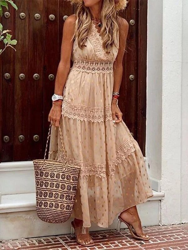 Women's Sleeveless Maxi Dress with Lace Trim Details-1