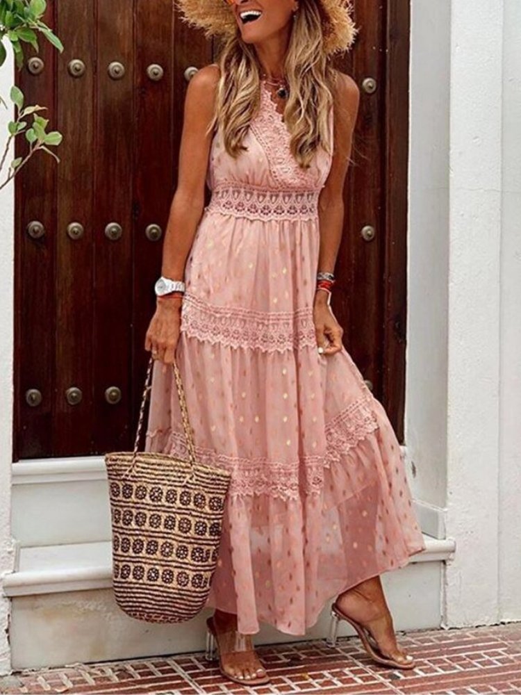 Women's Sleeveless Maxi Dress with Lace Trim Details-5
