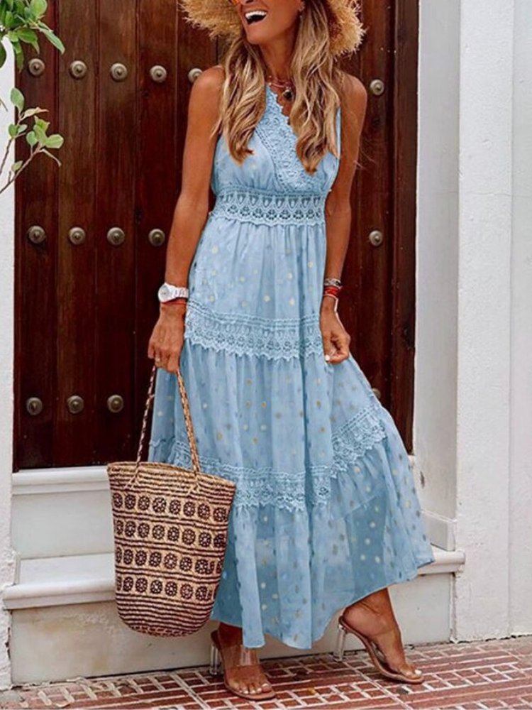 Women's Sleeveless Maxi Dress with Lace Trim Details-4