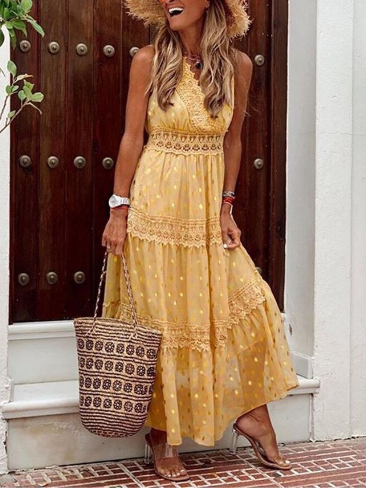 Women's Sleeveless Maxi Dress with Lace Trim Details-3