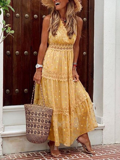 Women's Sleeveless Maxi Dress with Lace Trim Details-3