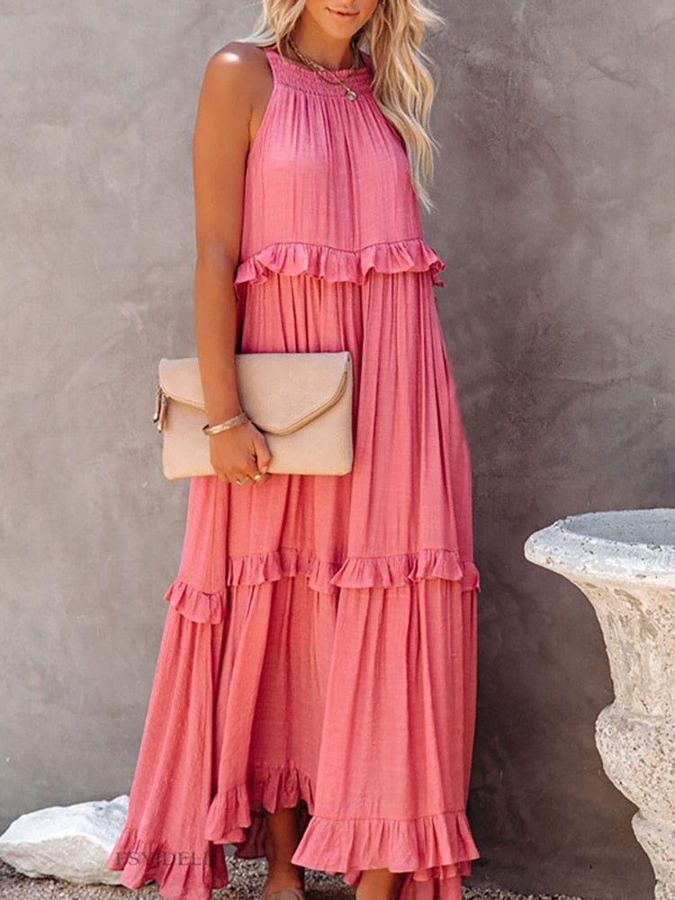 Women's Sleeveless Tiered Ruffle Maxi Dress-11