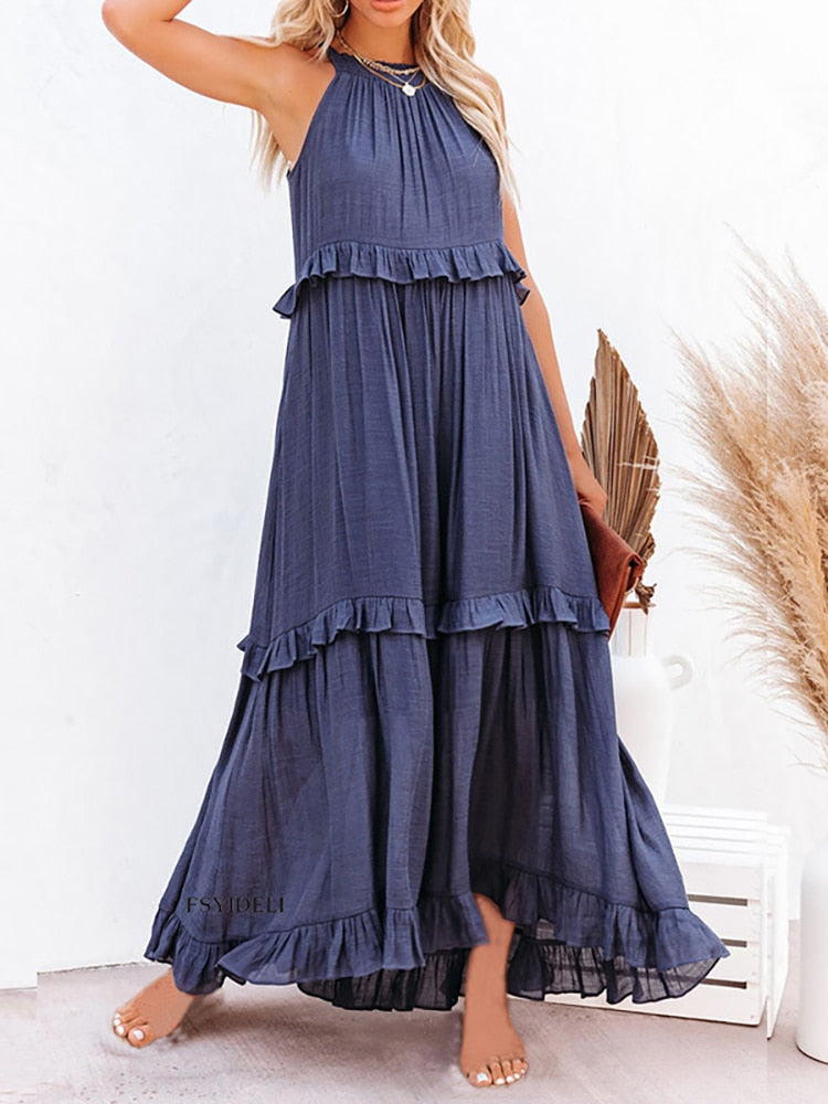 Women's Sleeveless Tiered Ruffle Maxi Dress-2