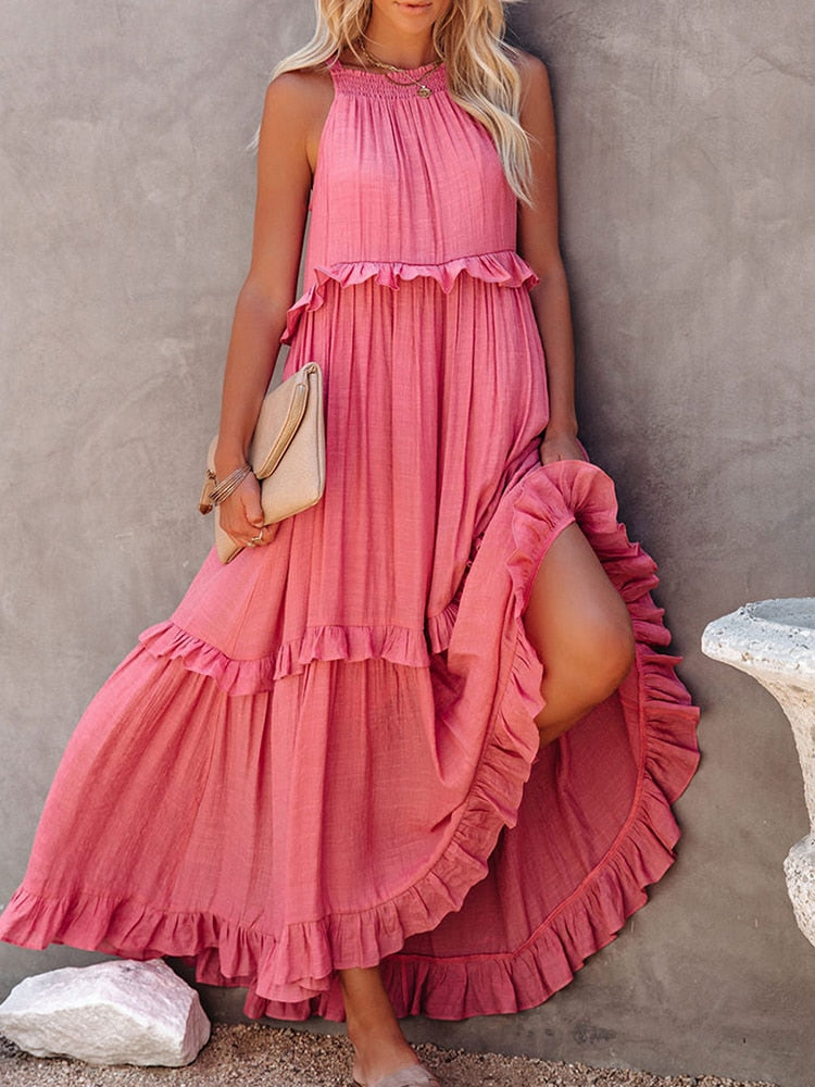 Women's Sleeveless Tiered Ruffle Maxi Dress-4