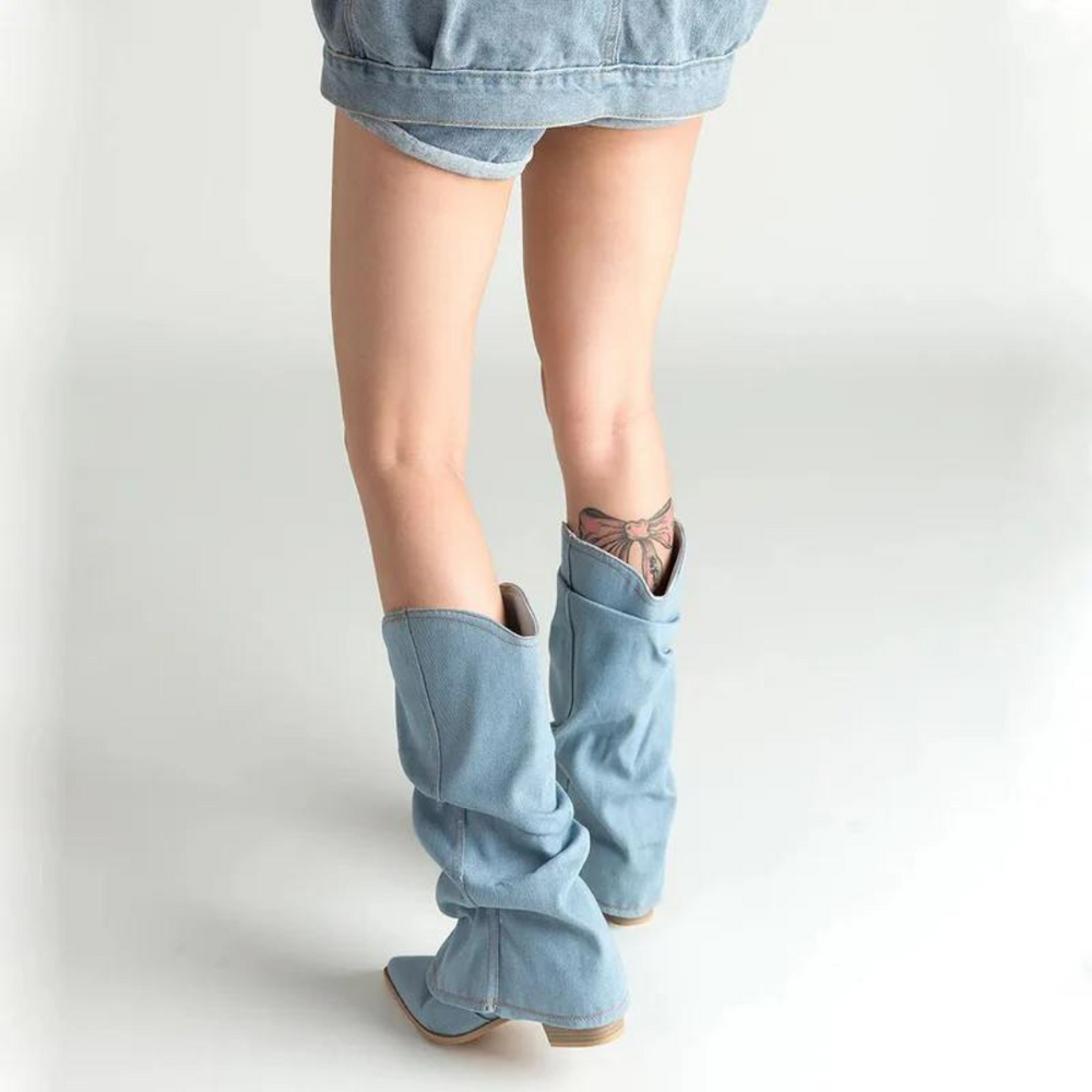 Women's Slouchy Block Heel Denim Boots-7