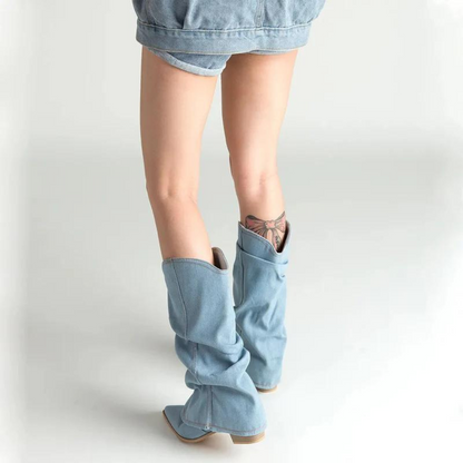 Women's Slouchy Block Heel Denim Boots-7