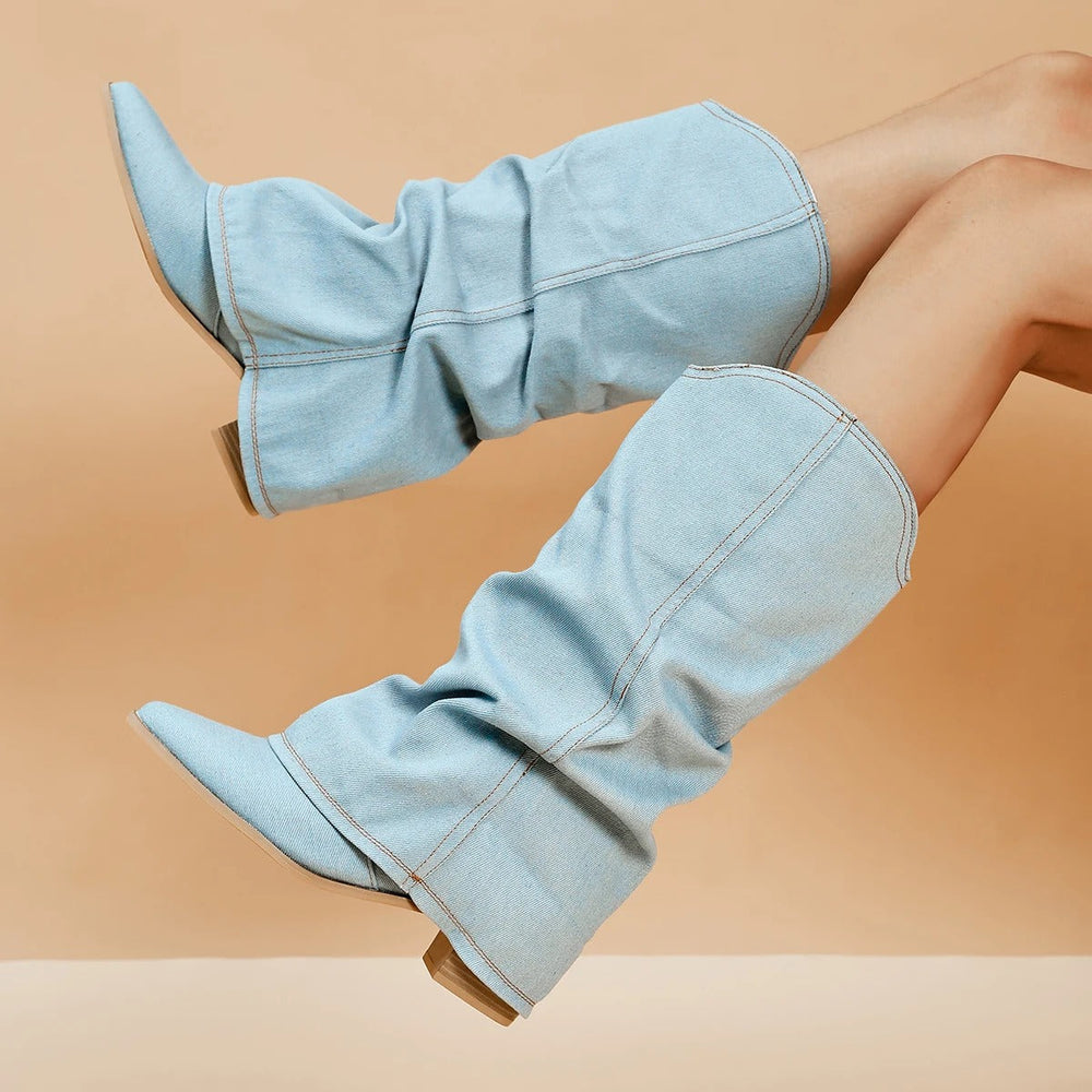 Women's Slouchy Block Heel Denim Boots-9
